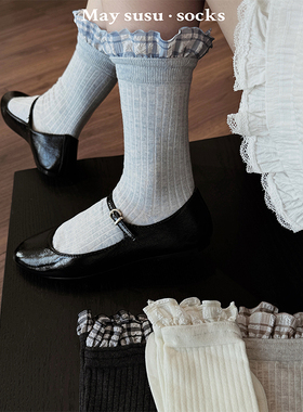 May susu·蓝色春夏薄款小腿袜ins潮纯色简约堆堆袜中筒袜短袜