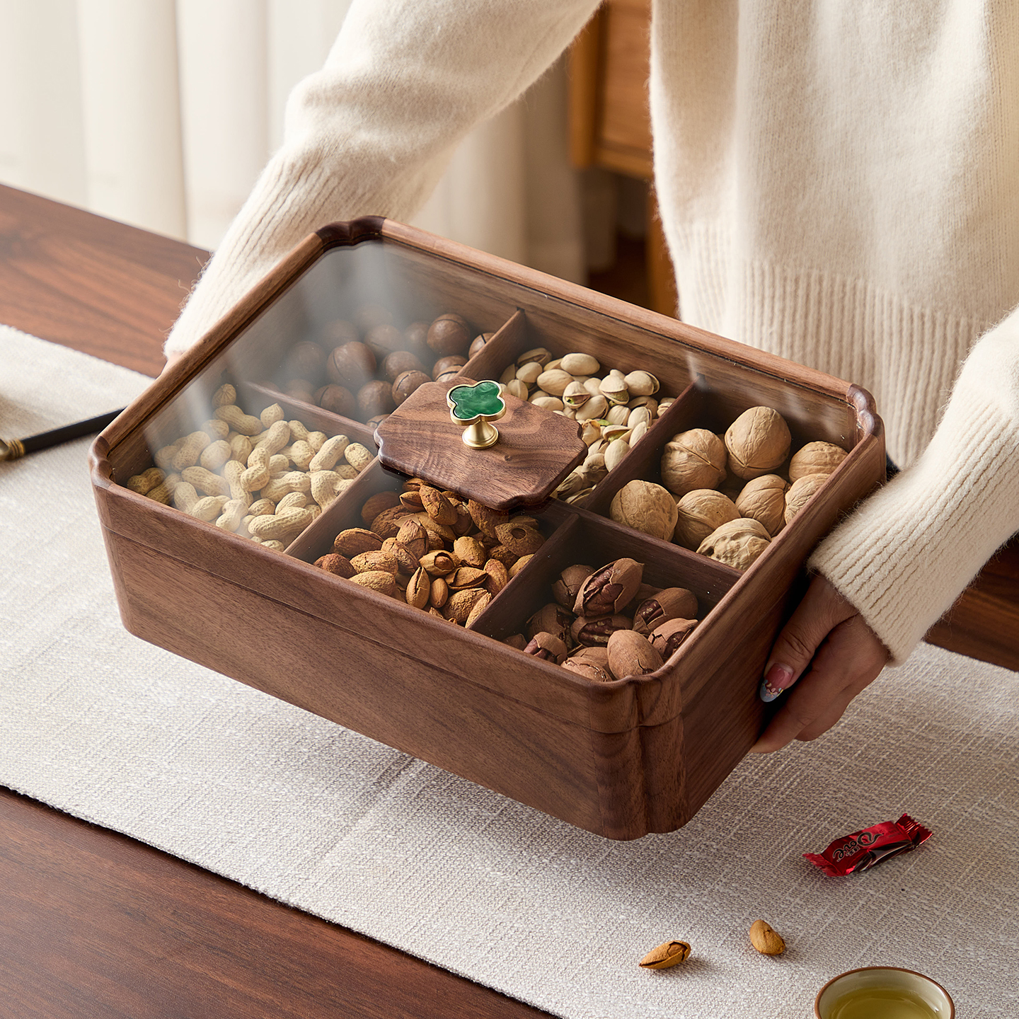 黑胡桃实木干果盘糖果盒坚果收纳盒新中式木质带盖家用客厅茶几