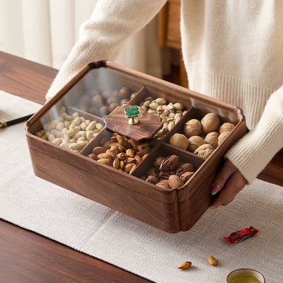 黑胡桃实木干果盒糖果坚果盘收纳新中式木质带盖分格家用客厅茶几