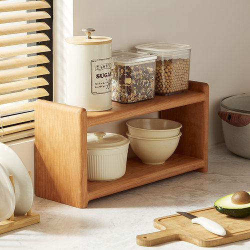 樱桃木桌面实木置物架双层北欧日式茶具咖啡杯子收纳架小型展示架