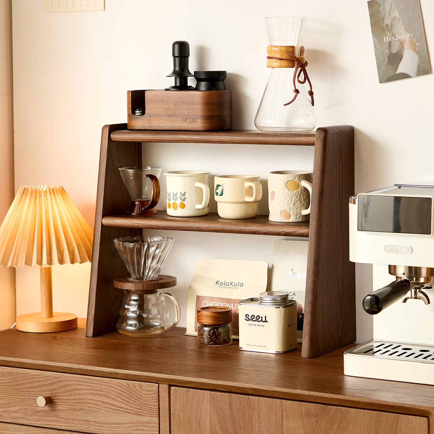 实木桌面置物架咖啡机收纳架茶具手冲咖啡角杯子台面博古架木质