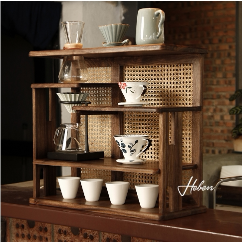 藤编置物架收纳架实木茶具茶杯图片