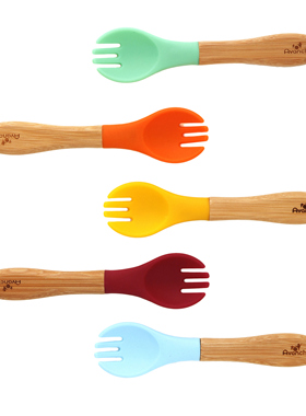 美国Avanchy硅胶竹柄不锈钢婴儿小宝宝饭勺叉子辅食儿童餐具