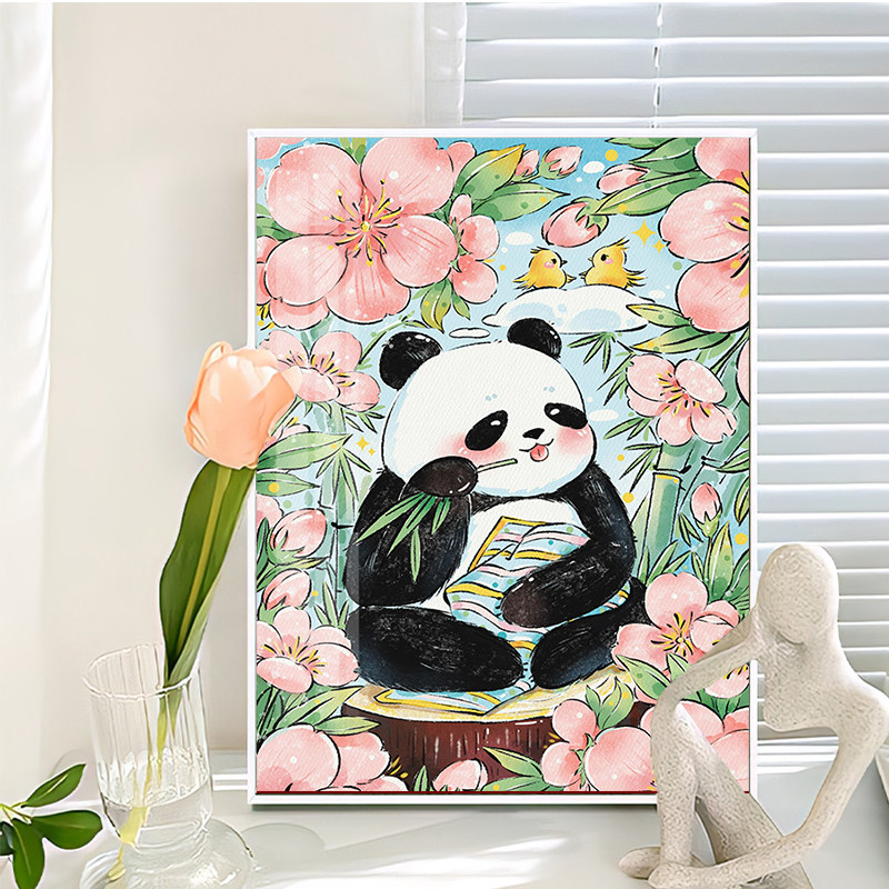 可爱熊猫花花钻石画2025新款卧室高级感手工点钻贴珠画十字绣带框