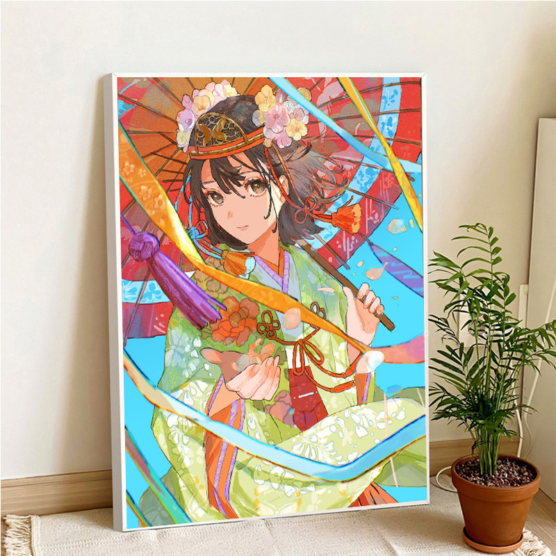 二次元动漫少女钻石画满钻新款2023卧室撑伞女孩贴钻十字绣diy