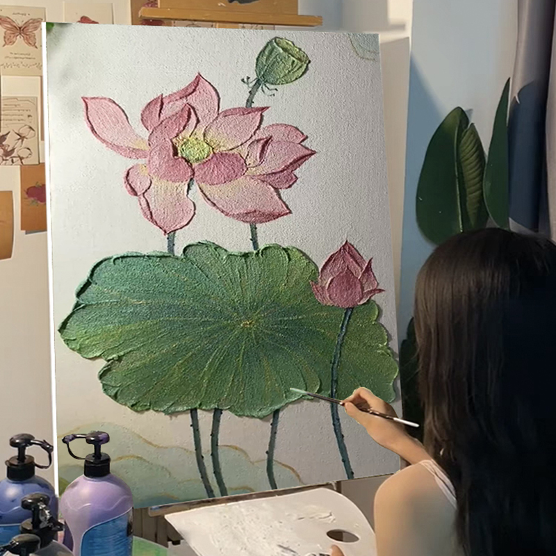 夏日荷花石英砂肌理画diy材料全套数字油画立体花卉风景手绘装饰图片