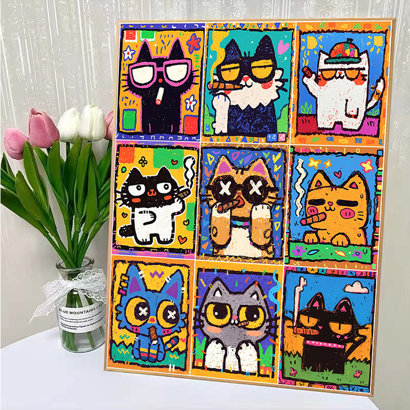 猫咪数字油画手工diy丙烯油彩画多巴胺趣味猫咪客厅卧室装饰挂画图片