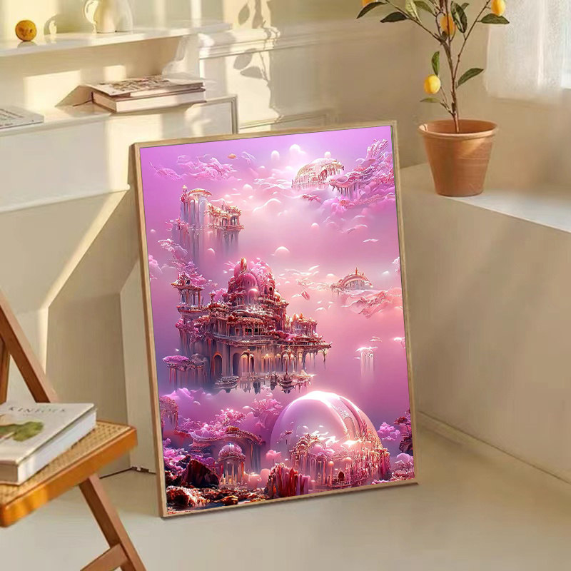 粉色城堡唯美梦幻钻石画高难度砖石画手工贴5d水钻客厅卧室装饰画