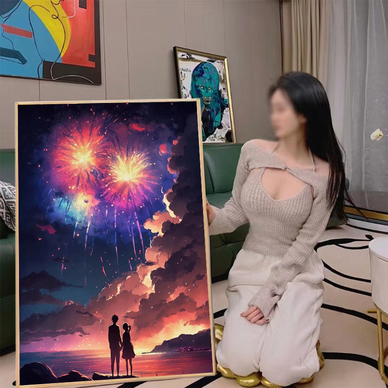 浪漫烟花情侣5d钻石画满钻小件卧室唯美风景十字绣点钻贴带框免裱