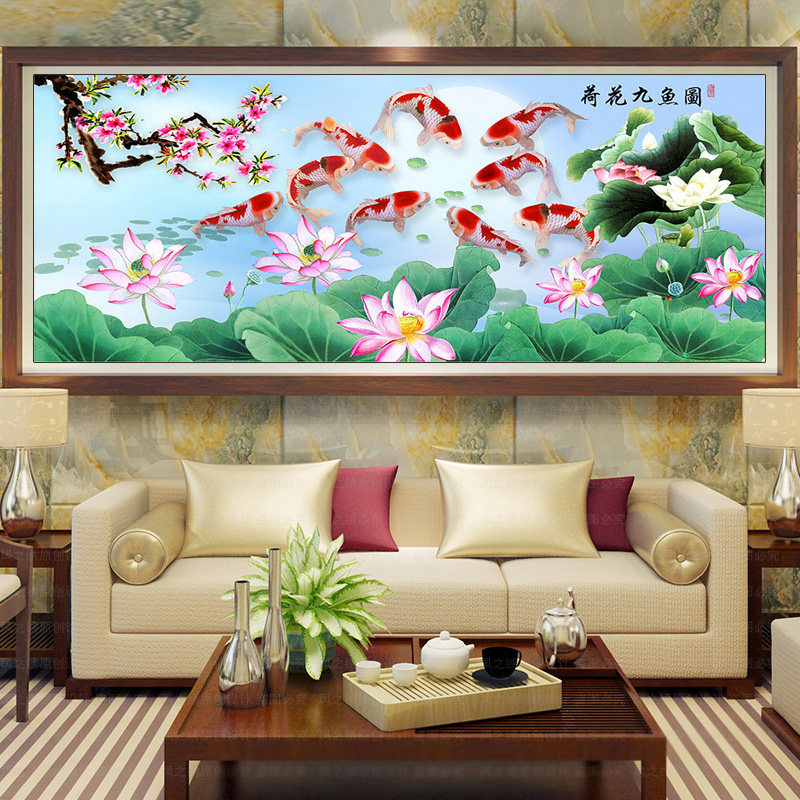 新款钻石画满钻黏贴钻石绣横版大幅荷花九鱼图魔方圆钻客厅点贴画