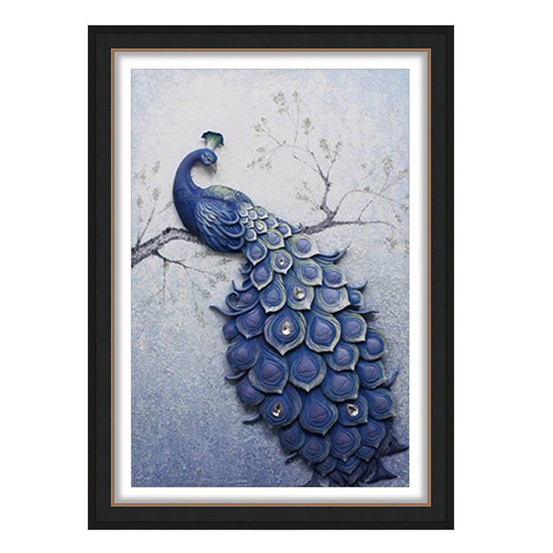 客厅玄关竖版蓝色孔雀新款5d魔方圆钻十字绣全粘钻钻石画动物图案