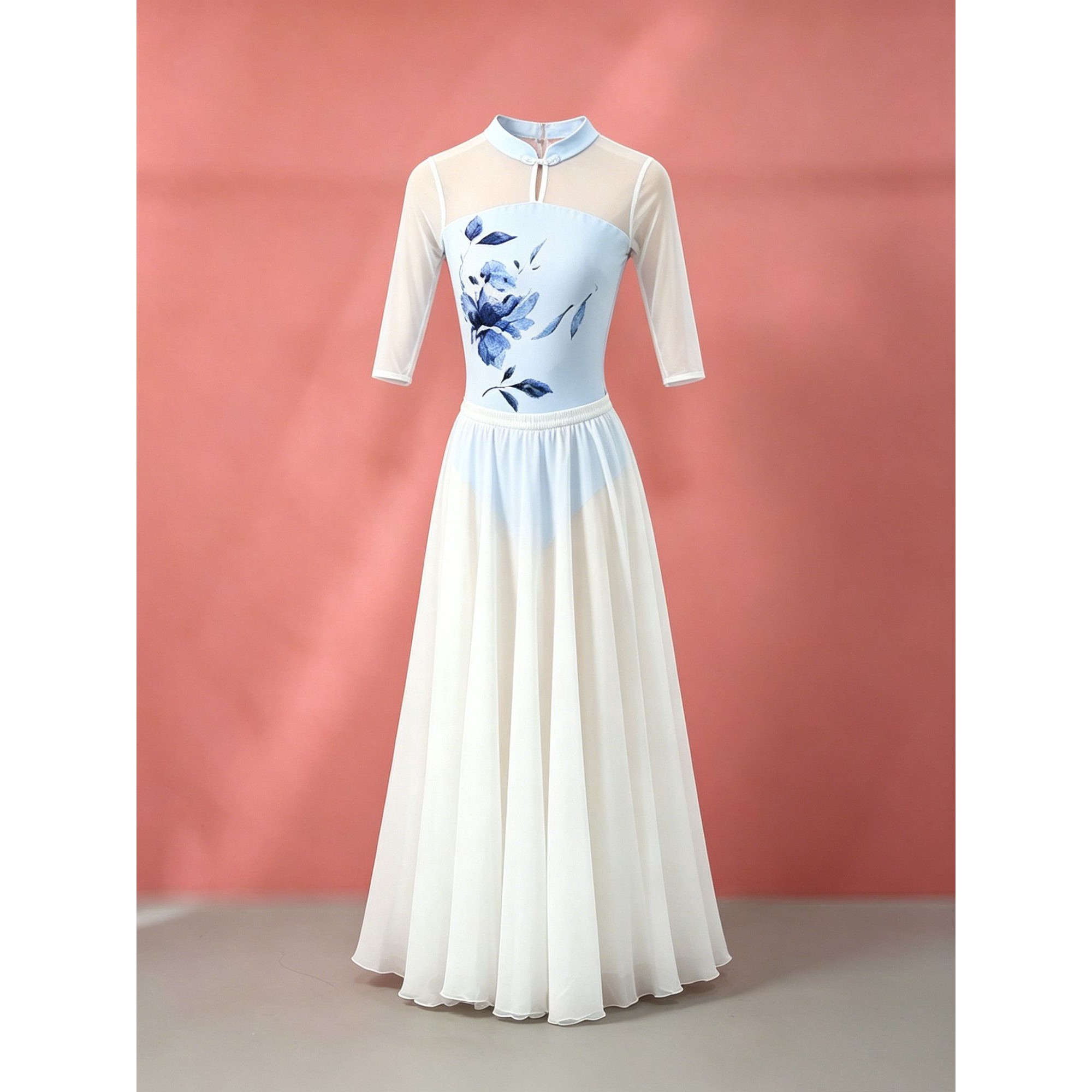 中国风青花旗袍体操服女成人舞蹈服芭蕾舞练功服形体连体服