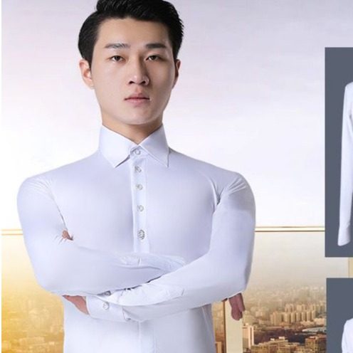 男士连体衬衣白色摩登舞拉丁舞服装新款男舞蹈国标上衣比赛