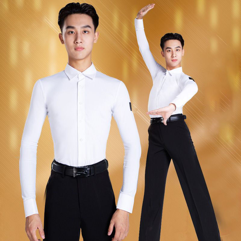 拉丁舞男成人上衣国标舞华尔兹交谊舞表演练功服衬衣799