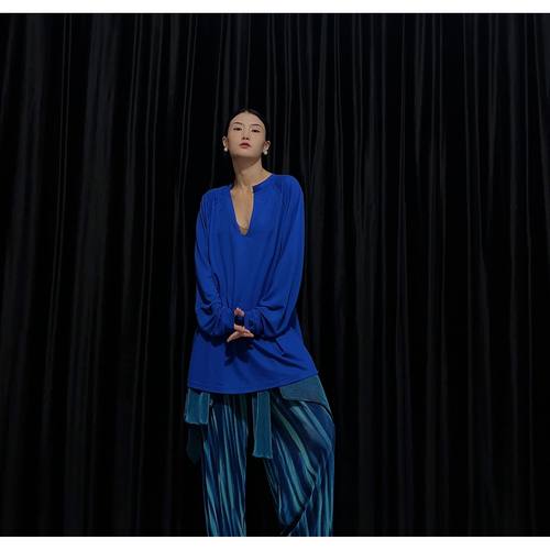 街舞水系舞蹈服男女同款潮T街舞爵士舒适上衣纯色宽松长袖