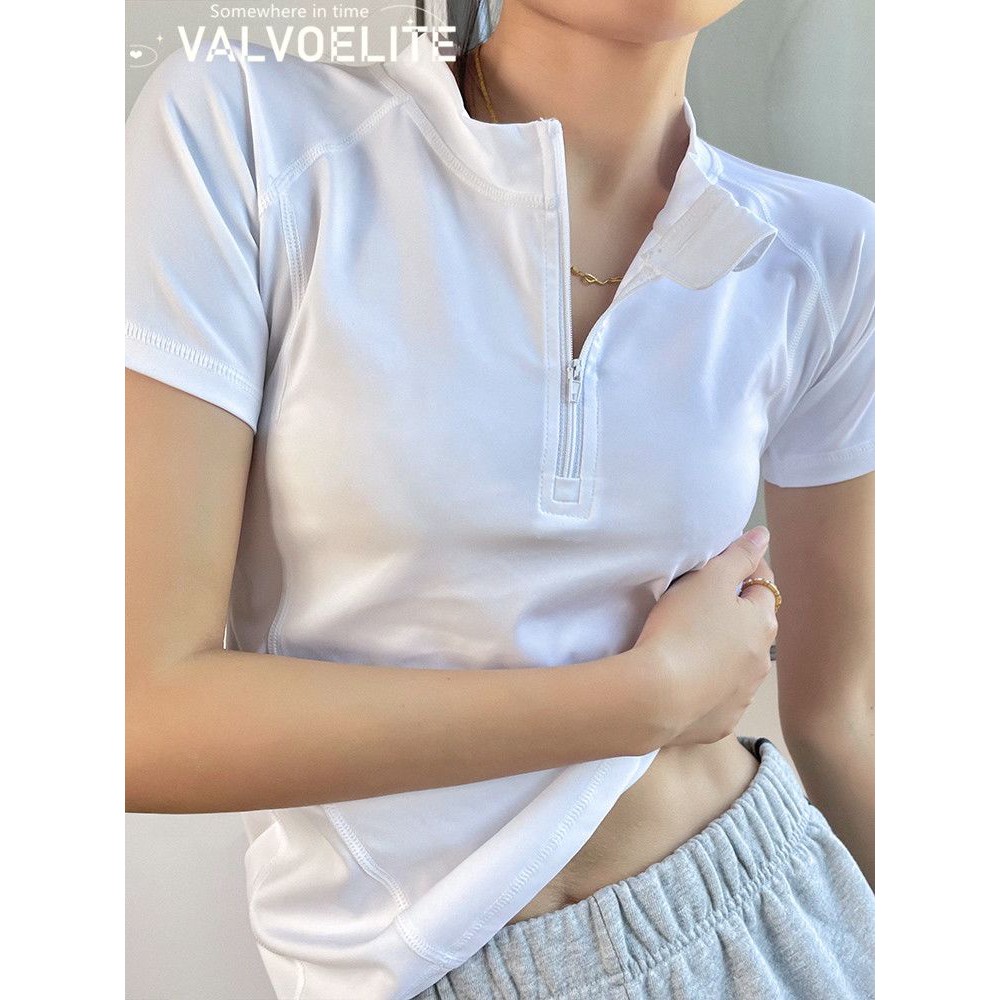 半拉链健身短袖女宽松弹力运动t恤立领修身显瘦瑜伽服
