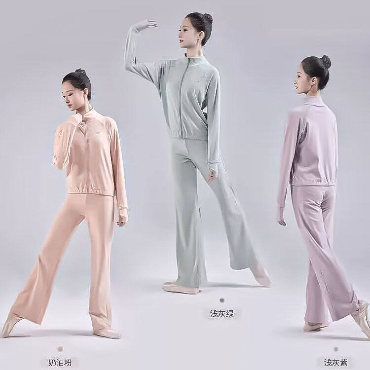 德绒保暖舞蹈服套装女春秋冬成人基础训练功服外套+高腰微喇长裤