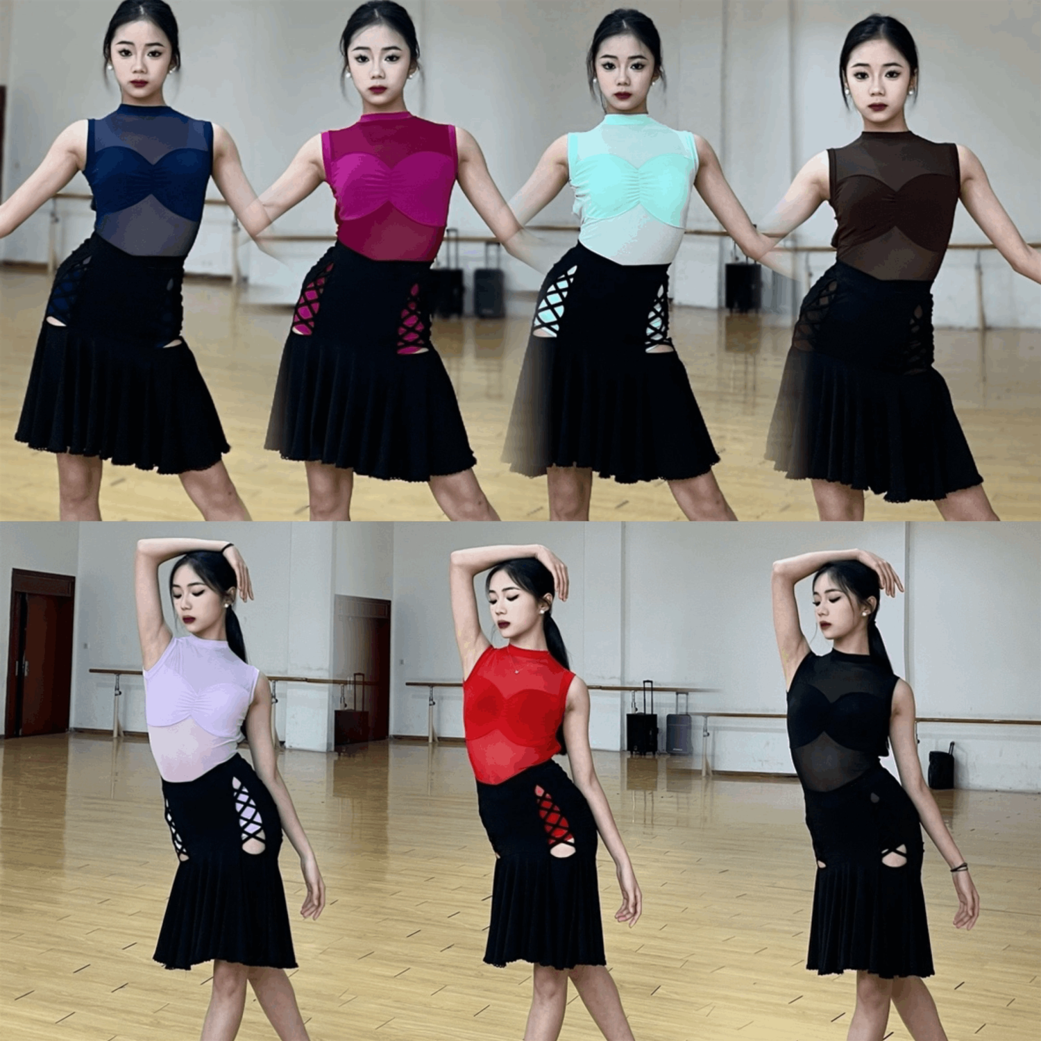 拉丁舞服打翻的调色盘无袖网纱露背上衣梅子色连体衣表演女