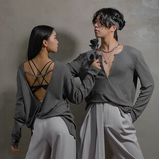 新款拉丁舞服新品男成人摩登舞国标舞服针织基础练功上衣YS534