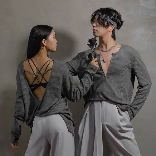 新款拉丁舞服新品男成人摩登舞国标舞服针织基础练功上衣YS534