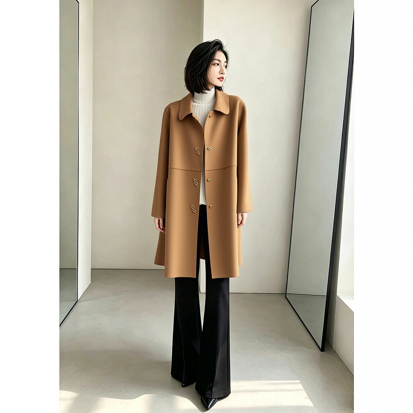 秋冬通勤双面呢大衣女显瘦驼色