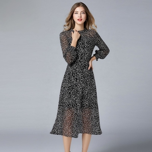 欧美高端大码女装保暖雪纺长袖波点印花连衣裙女秋冬加绒加厚新款