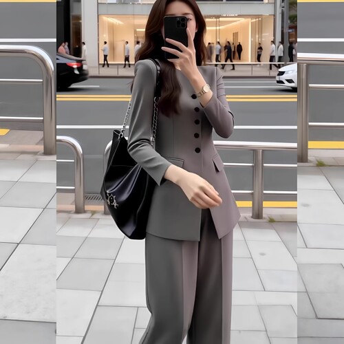大码女轻奢通勤西装阔腿裤套装