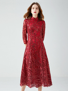 大码 高端蕾丝亮片刺绣晚礼服连衣裙婚庆丈母娘姐妹团喜婆婆婚宴礼