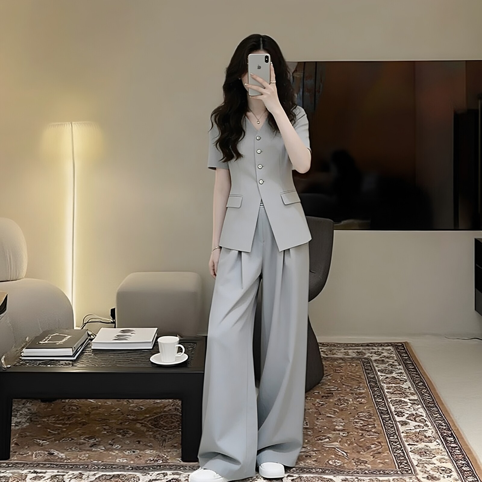 夏季新款职场轻熟风V领短袖外套阔腿裤子两件套装女显瘦掐腰套装