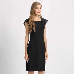 职业一步包臀连衣裙子宽腰小黑裙夏季 欧美大码 遮肉修身 荷叶袖 女装