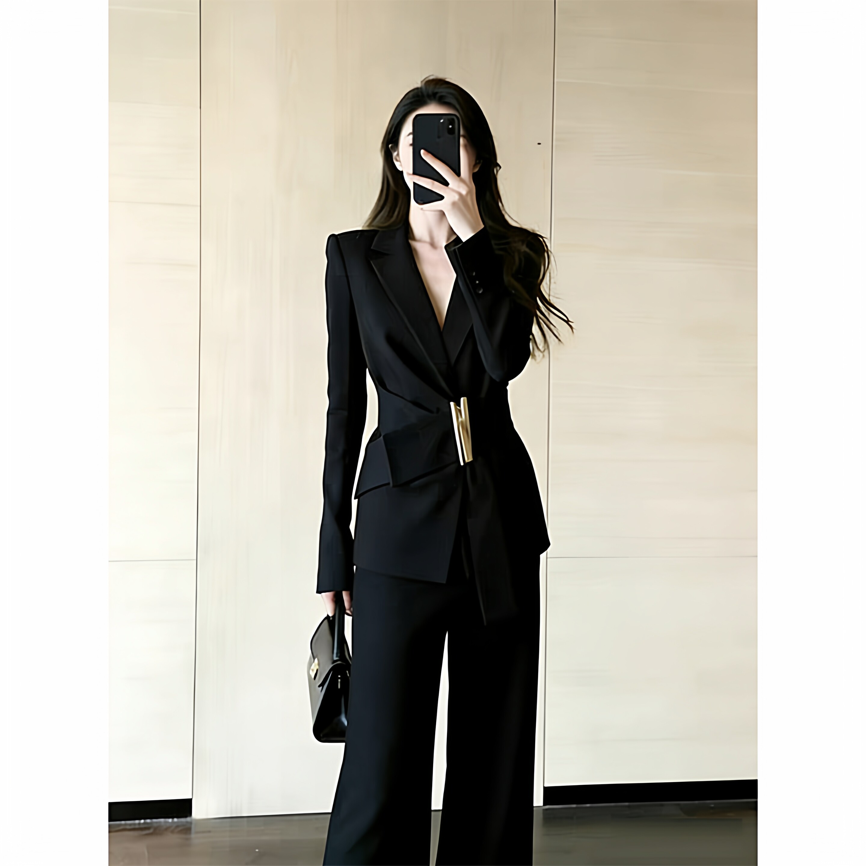 春秋新款褶皱修身金属扣西装裤子职业两件套大码气质微喇裤套装女