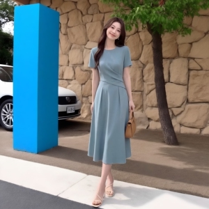 休闲优雅风短袖连衣裙女大码夏季褶皱收腰显瘦中长款气质a字裙子
