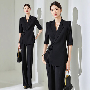大码女装轻奢气质御姐轻熟风显瘦系带西装套装胖mm微喇叭裤春夏款