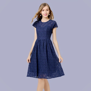 气质2026新款 a字蓝色连衣裙子夏季 女装 高级感黑色蕾丝晚礼服大码