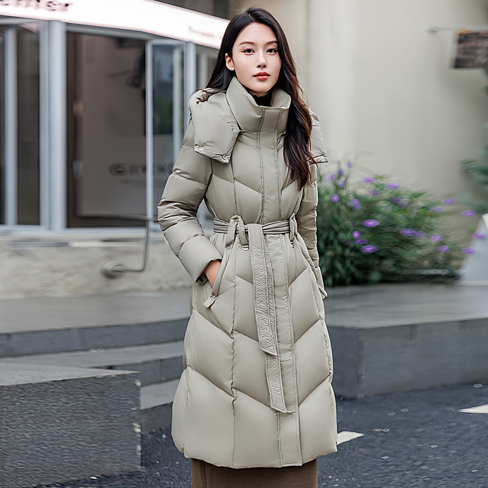 连帽系带收腰长款厚实保暖90白鸭绒羽绒服女显瘦气质外套冬季新款