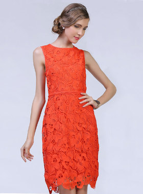 棉质水溶蕾丝橙色春秋无袖连衣裙子性感年轻女夏2025年新款春秋款