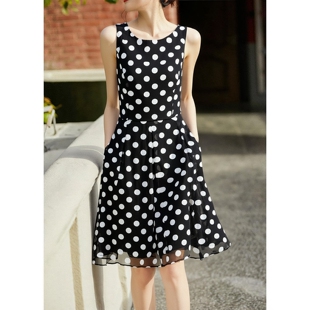 a字蓬蓬裙女装 大码 无袖 背心中长款 连衣裙黑白波点仿真丝雪纺夏季