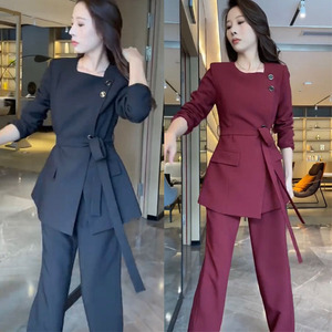 大码女装职业气质通勤方领系带修身西装套装胖mm设计感西服长裤子