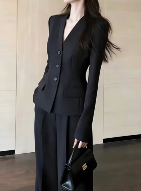 春秋新款高级感大码女装黑色长袖西装套装女胖mm气质职业装