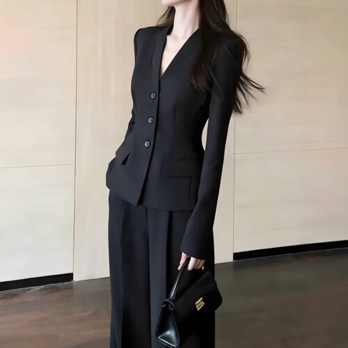 春秋大码女黑色长袖西装两件套