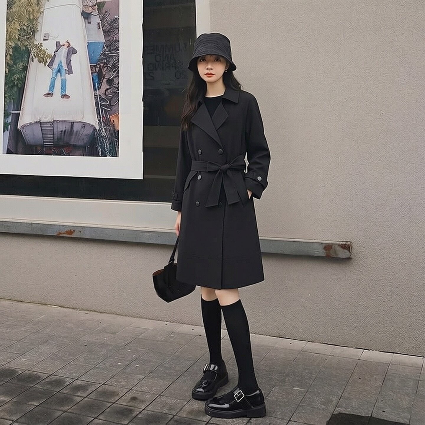 英伦双排扣收腰中长黑色风衣女