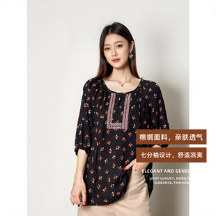 高端人造棉绸碎花上衣女装 时尚 品牌大码 夏季 漂亮七分袖 t恤夏小衫