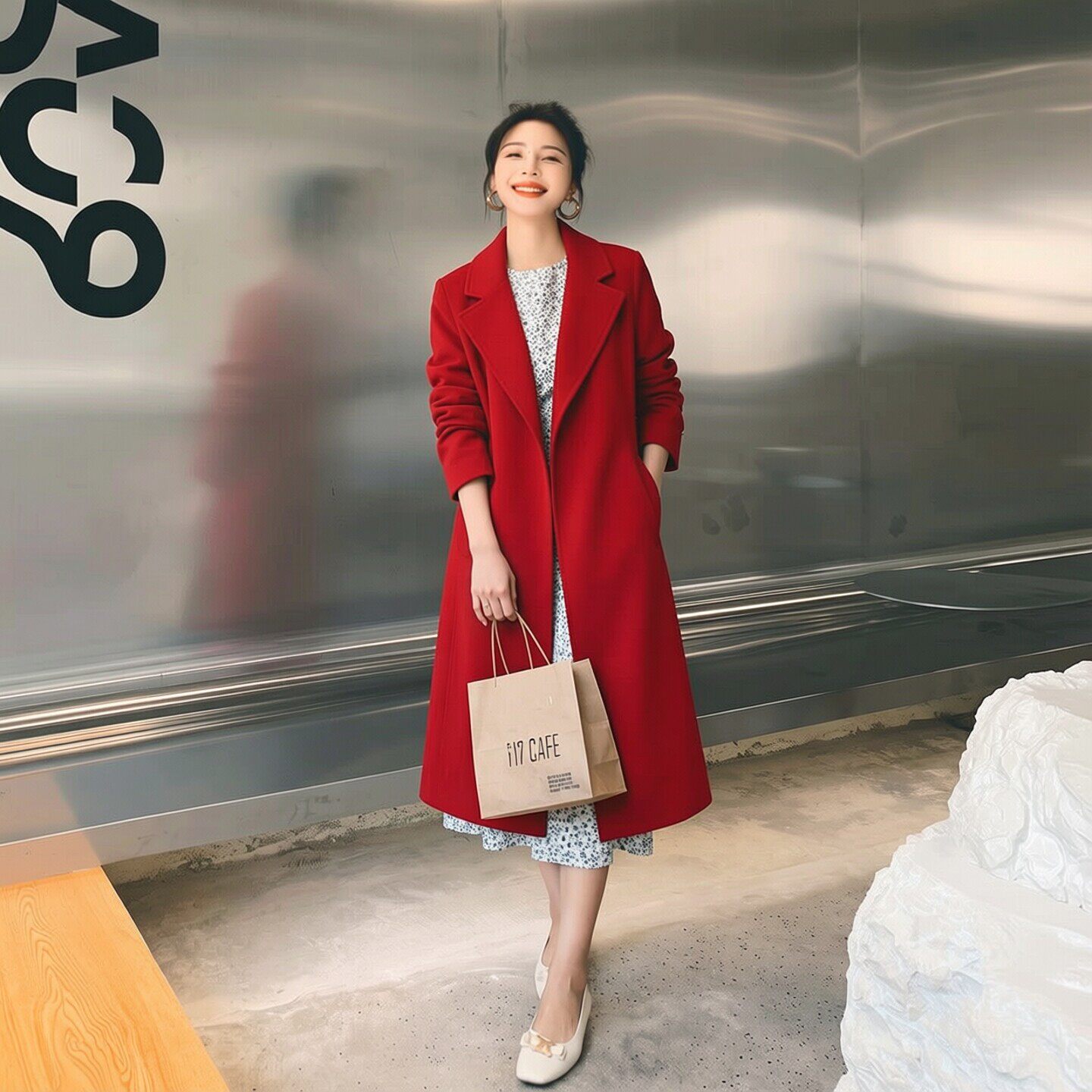秋冬新款毛呢西装外套中长款红色风衣女暗门襟中长款修身通勤气质
