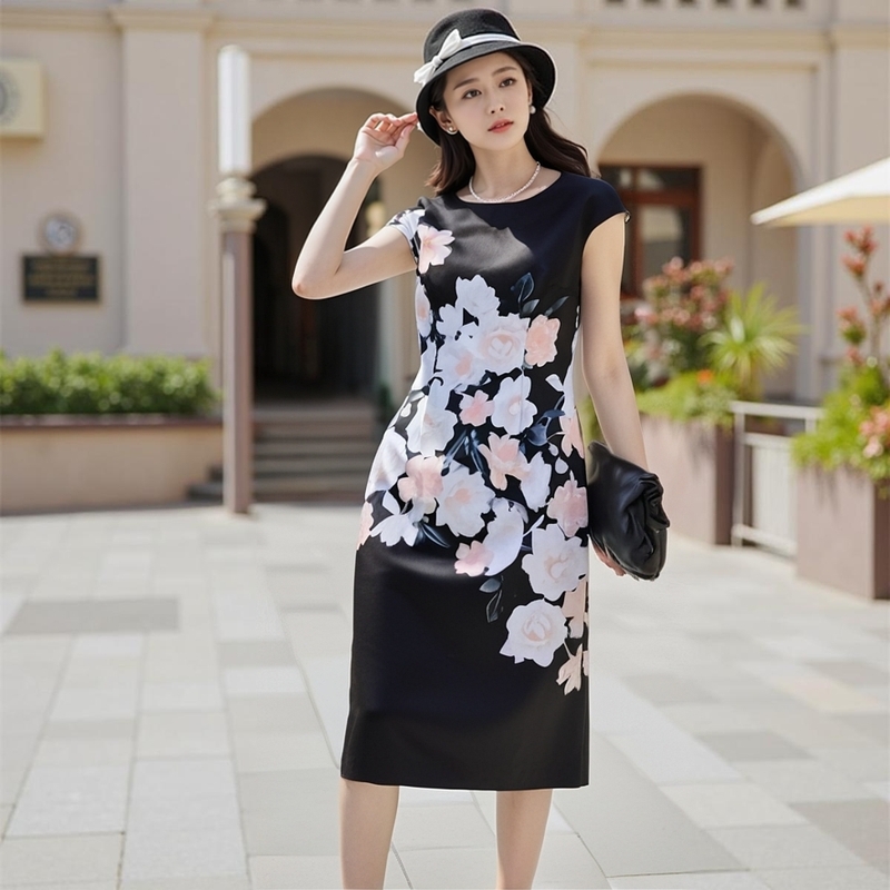 欧美大码花印女装无袖一步背心黑白碎花连衣裙棉质夏季青花瓷纯棉