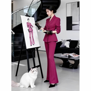 2026春季新款修身显瘦西装外套直筒微喇裤两件套大码女装通勤套装