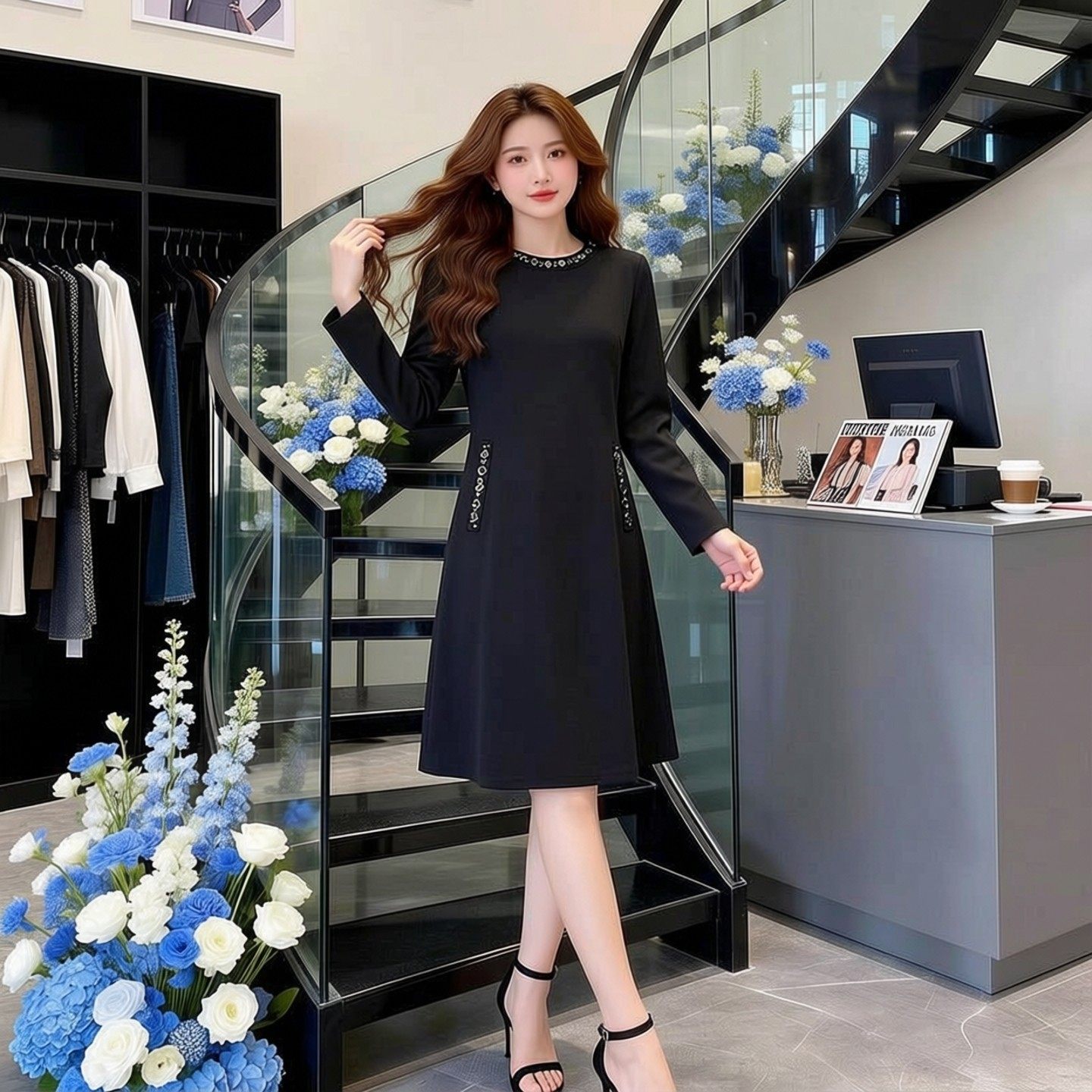 大码女装罗马布口袋钉珠圆领直筒长袖收腰礼服连衣裙2026春季新款,女装/女士精品,连衣裙,淘宝优惠券,粉丝福利购,淘宝优惠卷