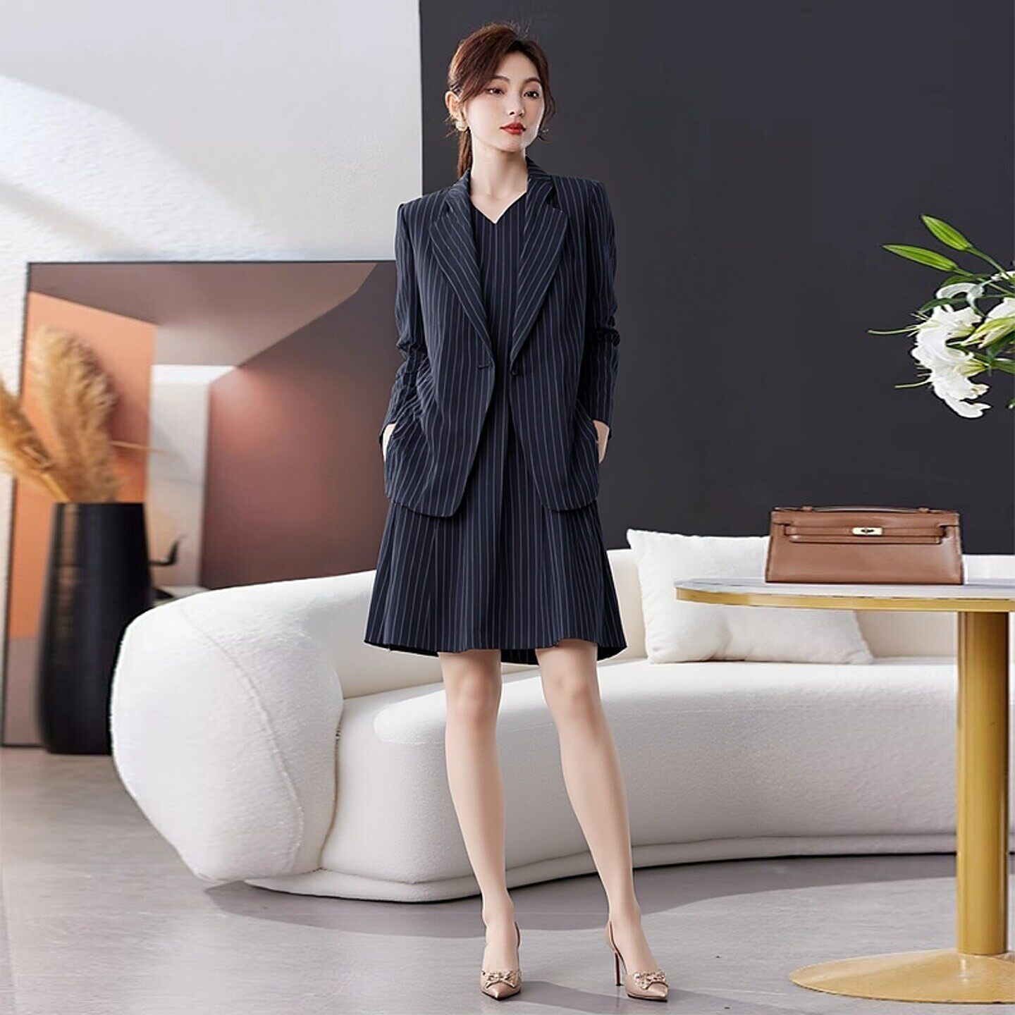 条纹西装裤子套装2026春秋新款休闲外套工作服大码女装职业两件套