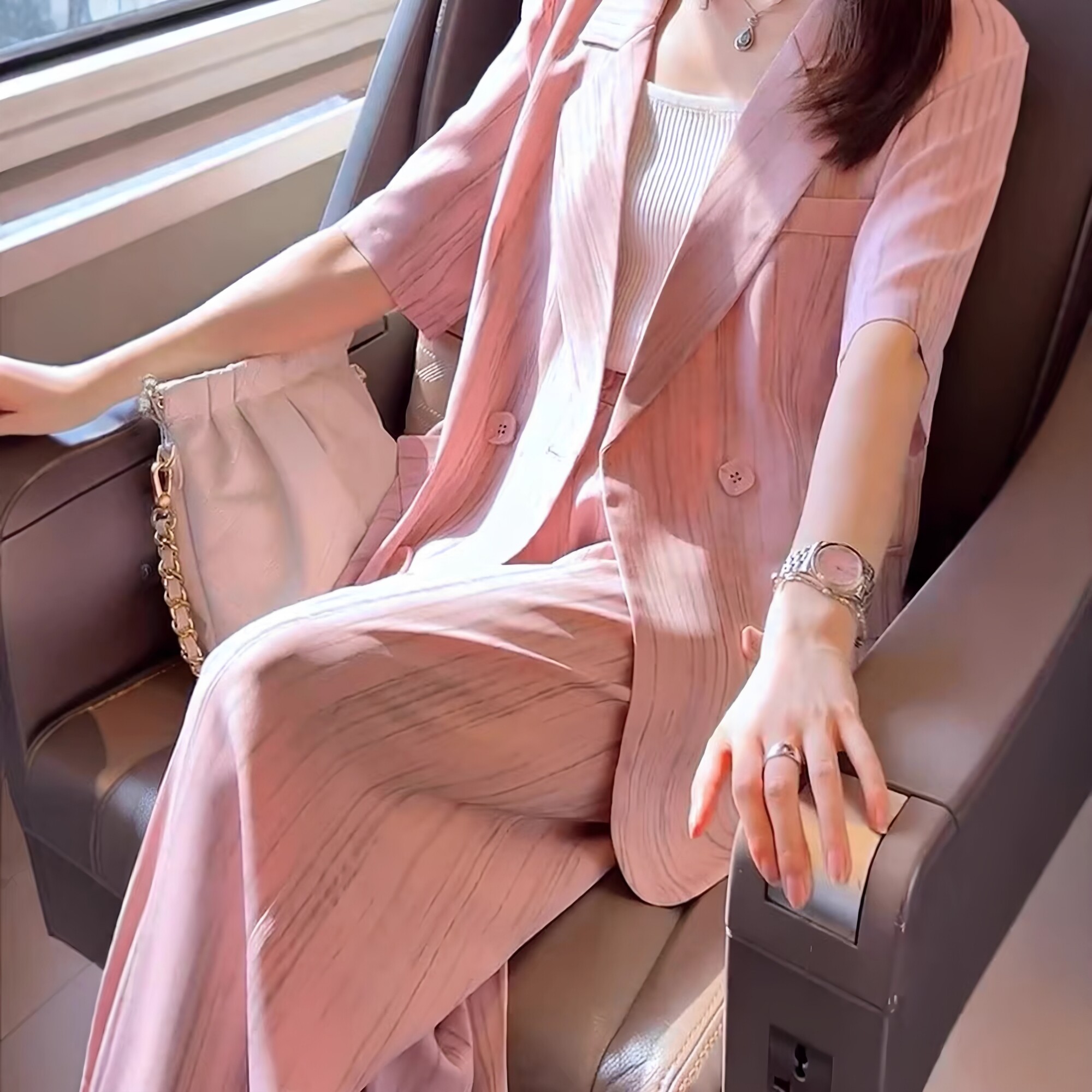 粉色短袖双排扣西装阔腿裤女大码夏季薄款条纹职业套装轻奢通勤风