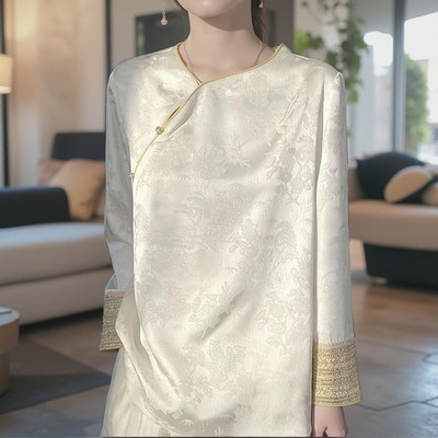 新中式提花斜襟衬衫女外穿上衣