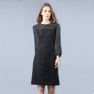 女装 拼接蕾丝黑色直筒包臀连衣裙子春夏大码 雪纺长袖 2025秋冬新款